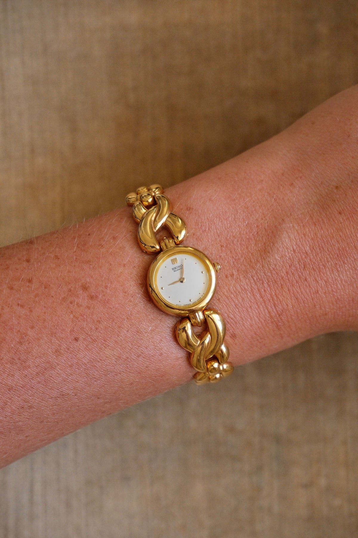 Vintage Ladies Gold Seiko Quartz Watch Featuring a Striking Chunky Intertwined Link Bracelet