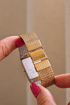 Vintage Unisex Gold Seiko Rectangular Date Quartz Watch Champagne Dial and Mesh Bracelet Strap