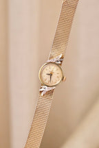 1950s Vintage Omega Ladies Cocktail Watch 10K Gold Filled Mesh Bracelet Diamond Leaf Lugs Champagne Dial Manual Wind Watch