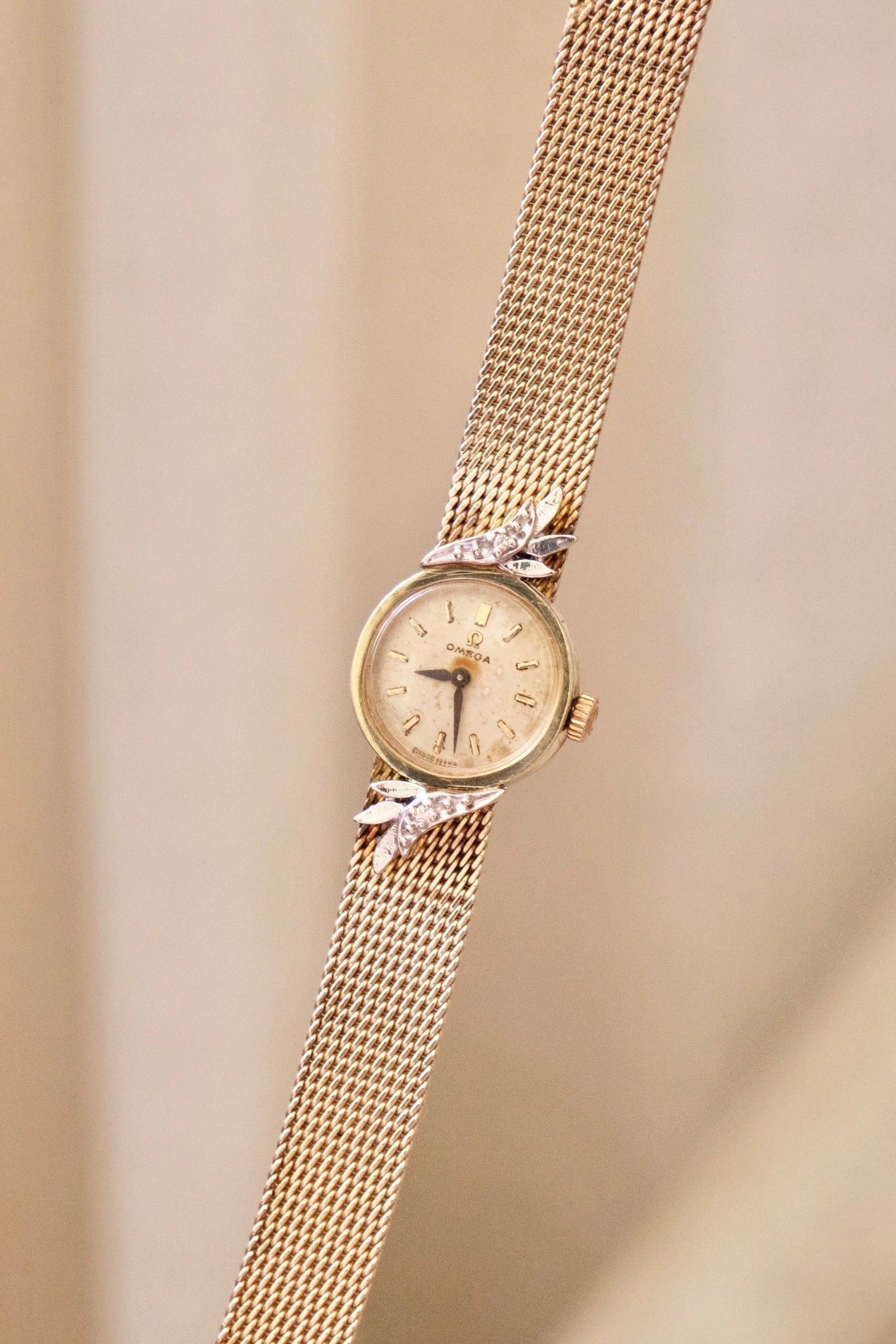 1950s Vintage Omega Ladies Cocktail Watch 10K Gold Filled Mesh Bracelet Diamond Leaf Lugs Champagne Dial Manual Wind Watch