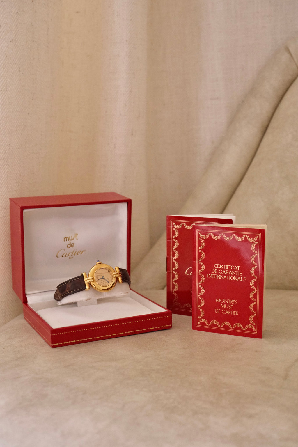 Vintage Ladies 1993 Cartier Must de Cartier Vermeil Watch Gold Plated Ladies Watch, Brown Leather Strap, Luxury Timepiece Box & Papers