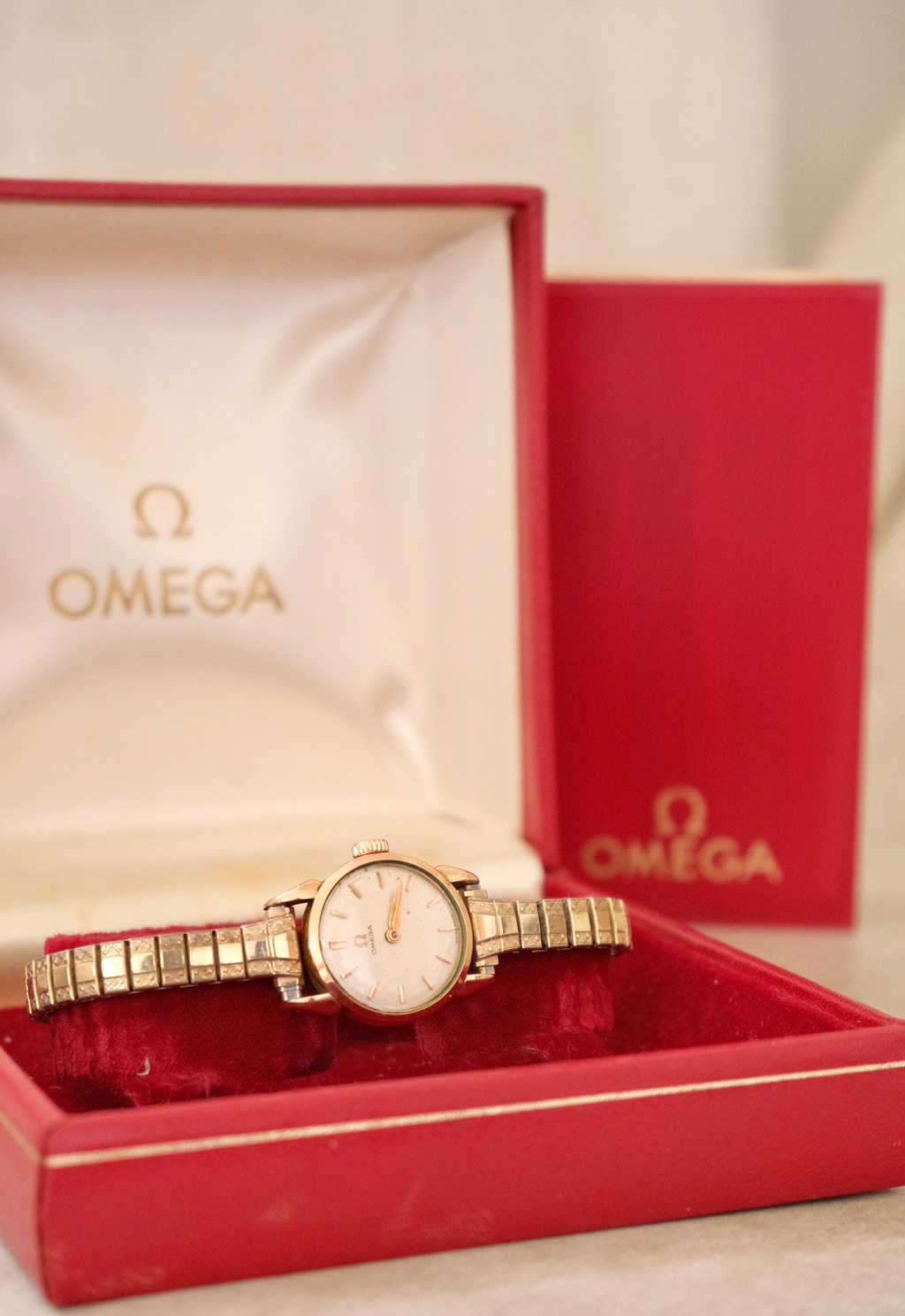 Vintage 9ct Gold Omega Ladies Watch, Mechanical Movement, Original Box