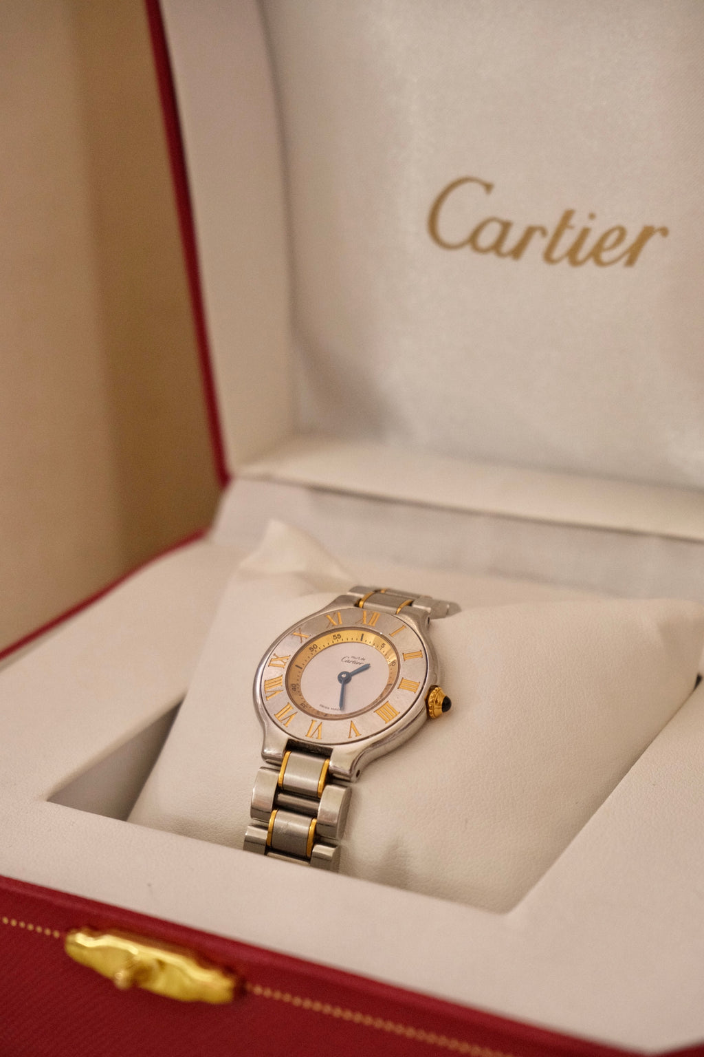 Vintage Cartier Must 21 Watch Women's Two Tone Steel Gold Roman Dial Swiss Made Circa
1990s in Box