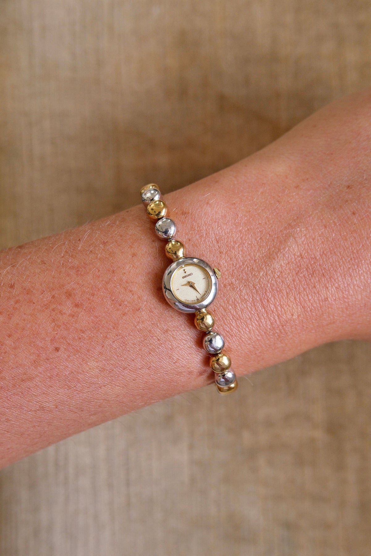 Rare Dainty Petite 90s Seiko Vintage Two Tone Watch Working with Safety Chain