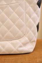 Authentic 2004 Chanel Cambon Tote Bag White Black Quilted Leather Shoulder Bag