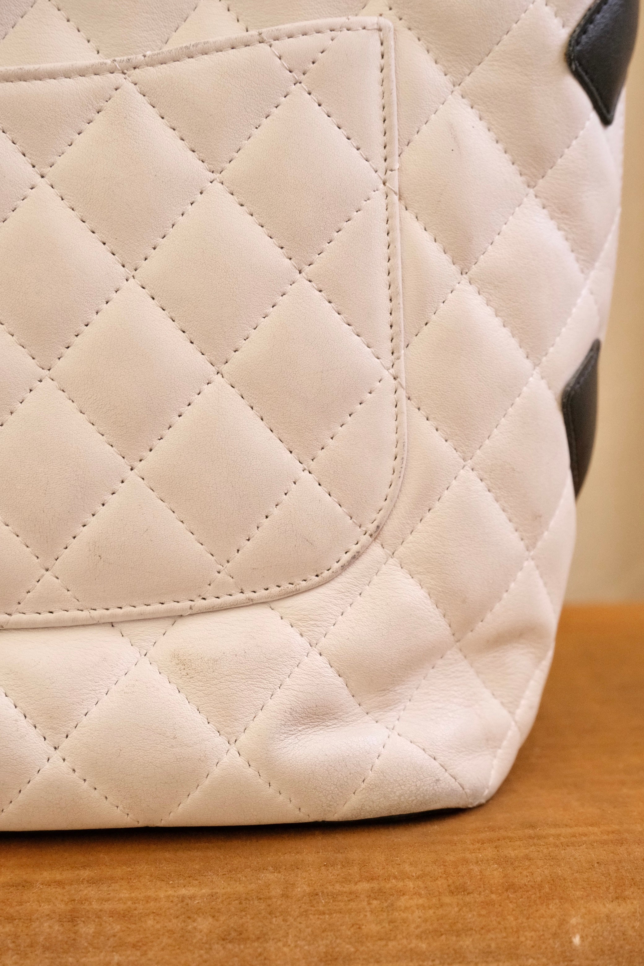 Authentic 2004 Chanel Cambon Tote Bag White Black Quilted Leather Shoulder Bag