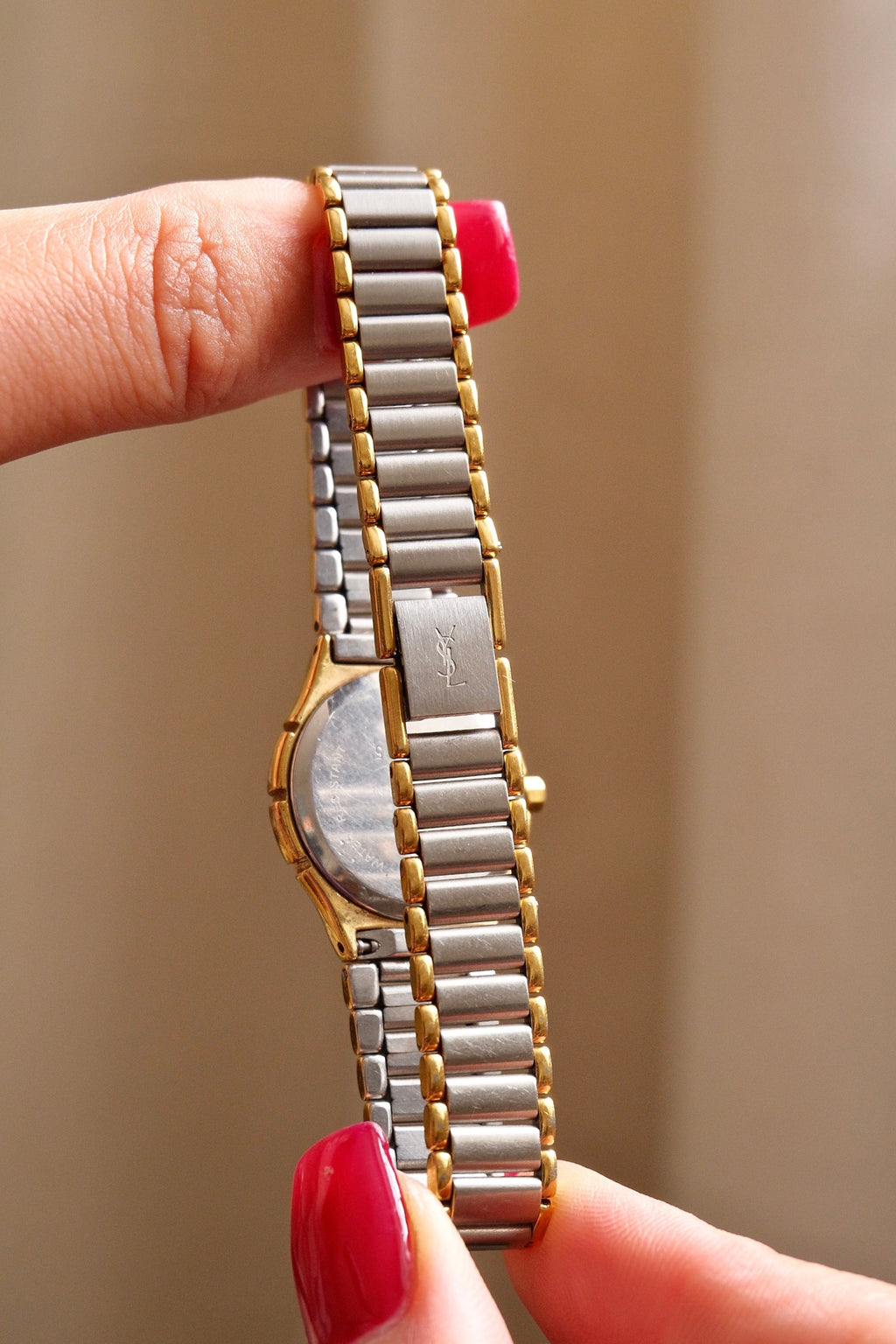 Vintage Ladies 1990s YSL Quartz Two Tone Watch - Blue Striped Dial