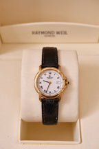 Ladies Raymond Weil Vintage Genève 9955 18k Gold Plated Quartz Watch With Authentic  Blue Cabochon Sapphire Crown with Box and Papers