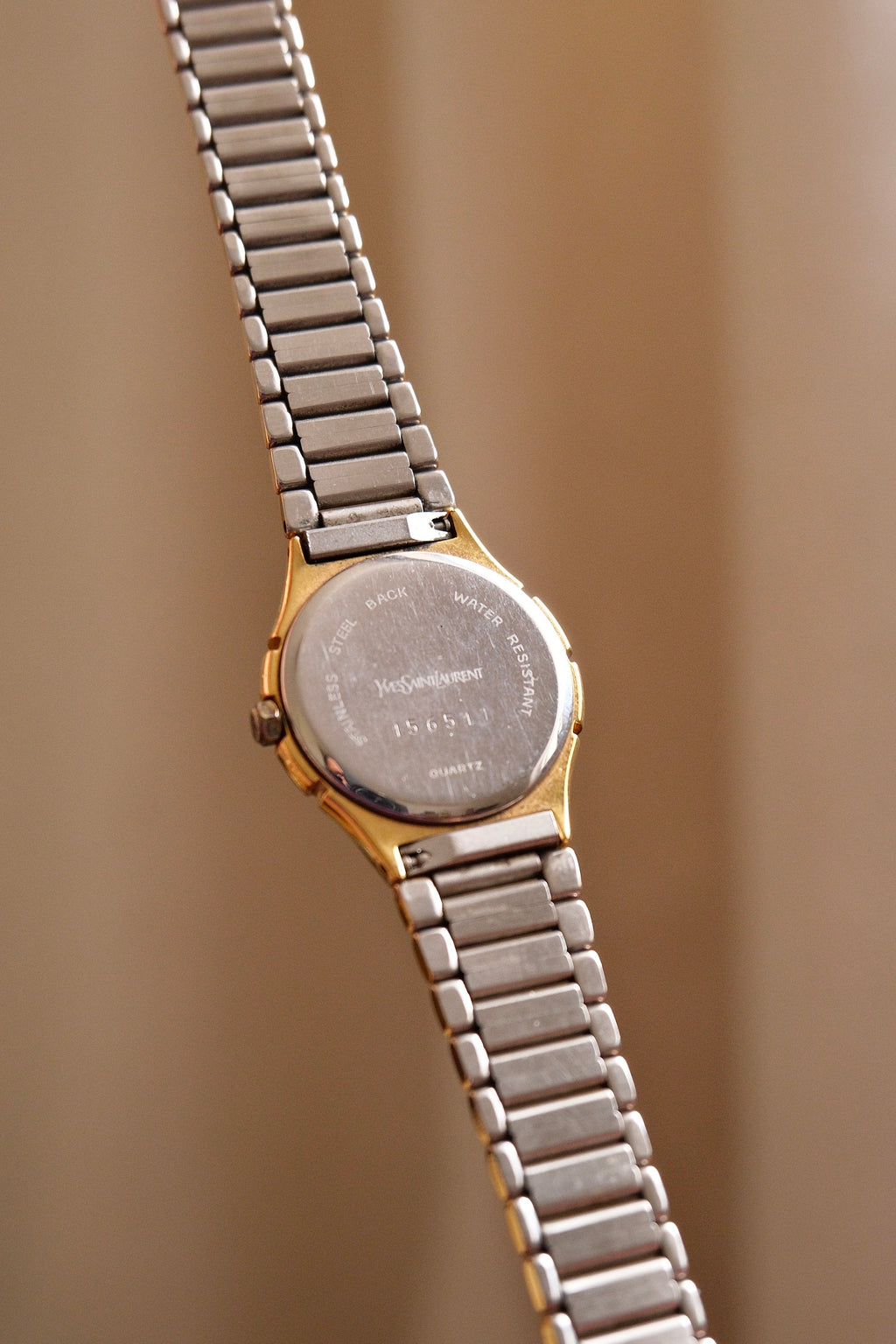Vintage Ladies 1990s YSL Quartz Two Tone Watch - White & Silver Striped Dial