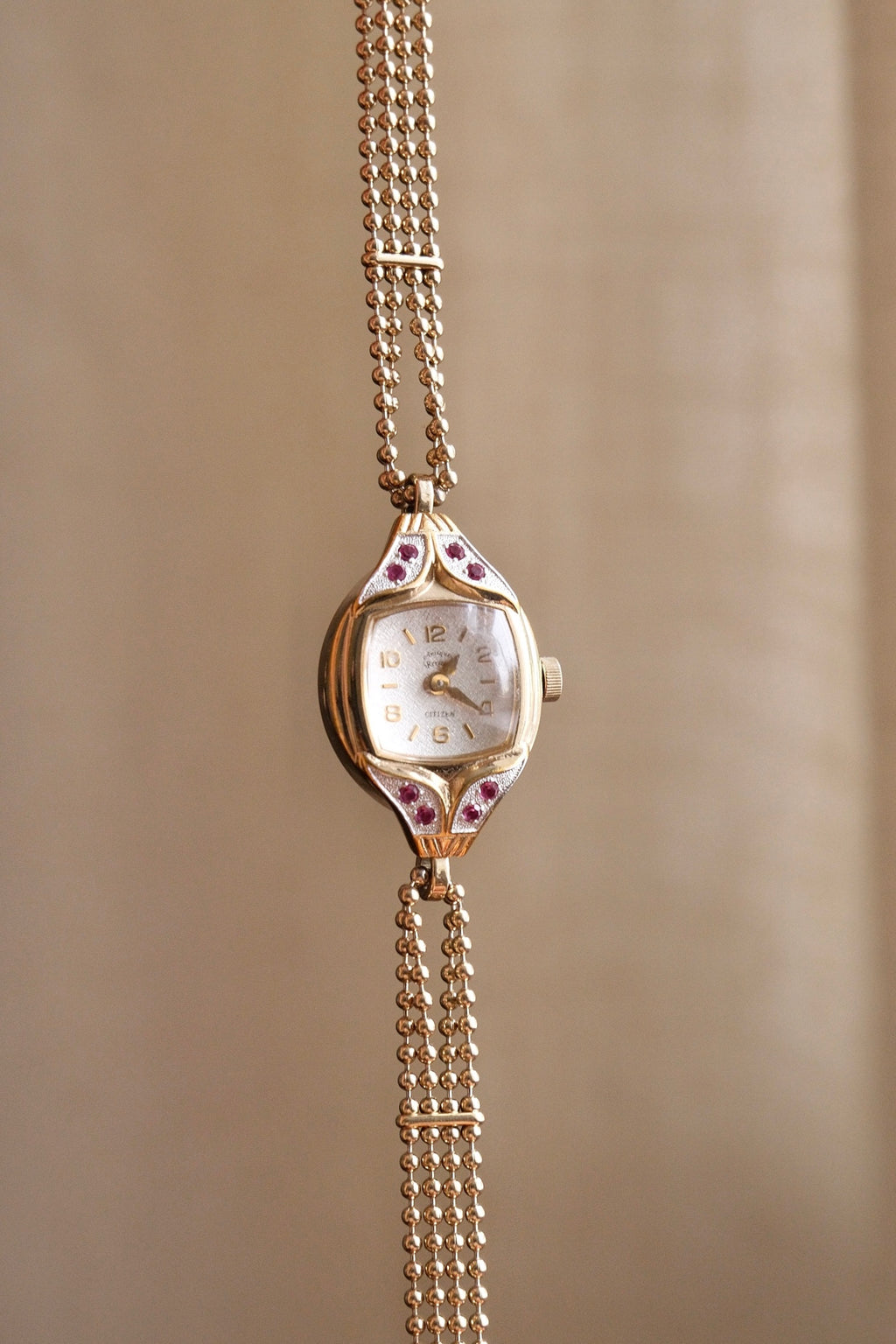 Rare and Unique 1980s Citizen Ladies Pendant Watch Ruby Accent Gold Beaded Chain