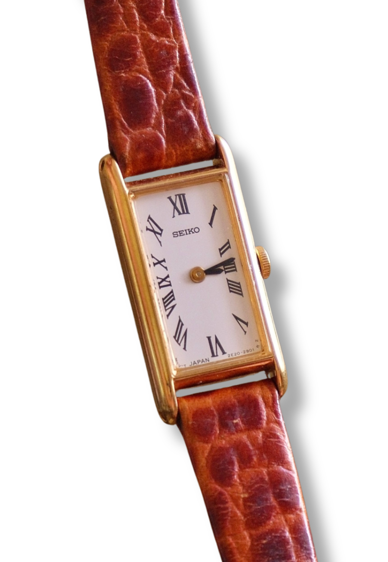 Rare 90s Slim & Petite Gold Tank Style Seiko Watch Roman Numerals on Leather Strap Working