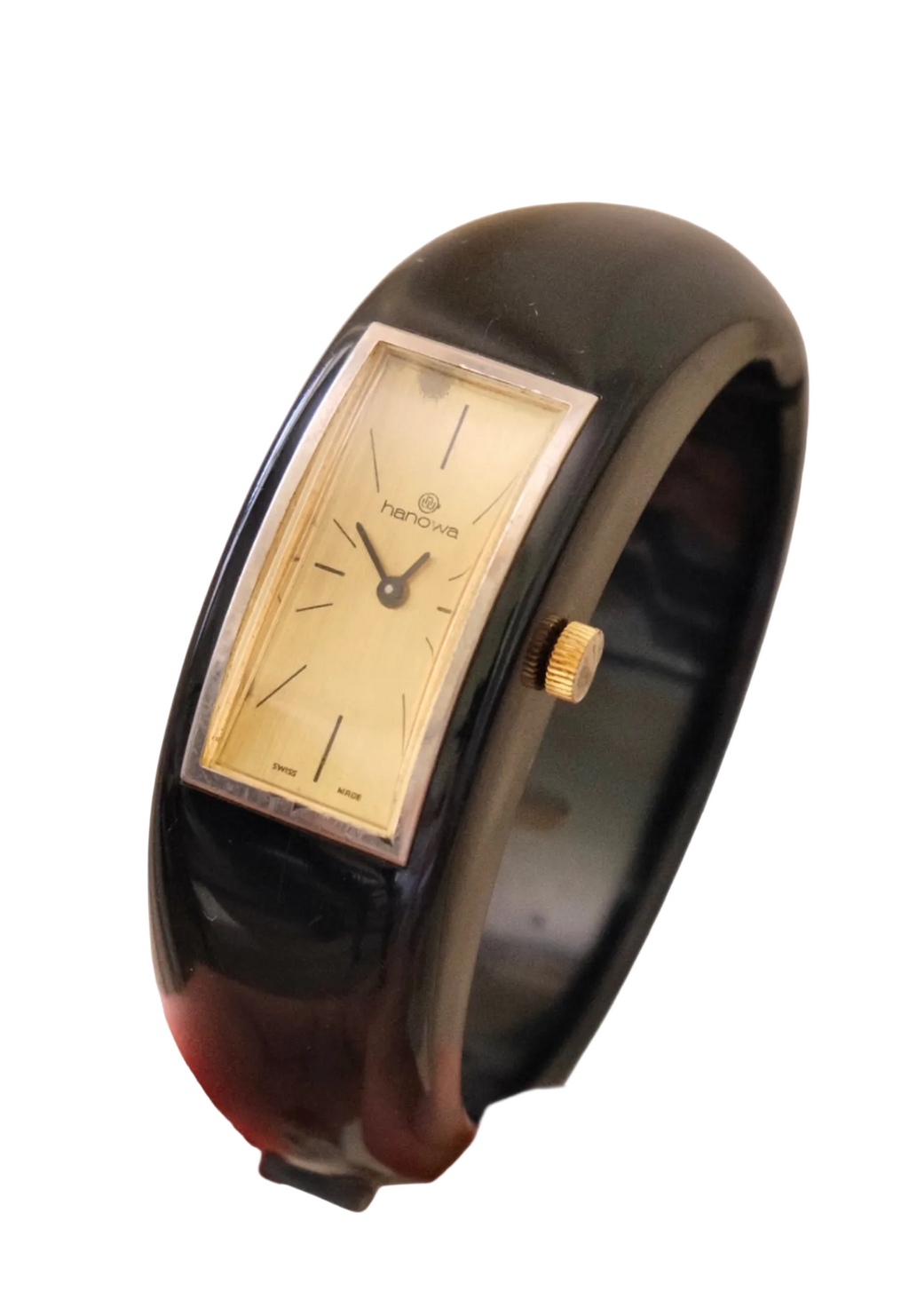 Rare 1970s Hanowa Mage Swiss-made ladies bangle watch featuring a rectangular gold-tone dial Manual Wind