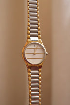 Vintage Ladies 1990s YSL Quartz Two Tone Watch - White & Silver Striped Dial