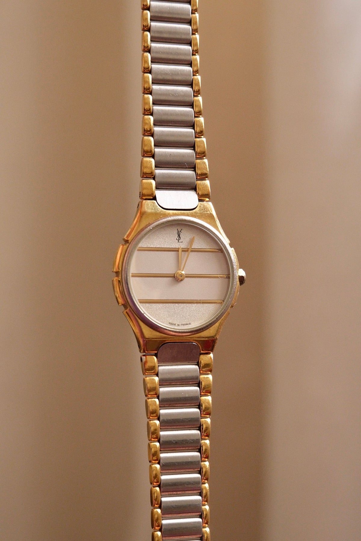 Vintage Ladies 1990s YSL Quartz Two Tone Watch - White & Silver Striped Dial