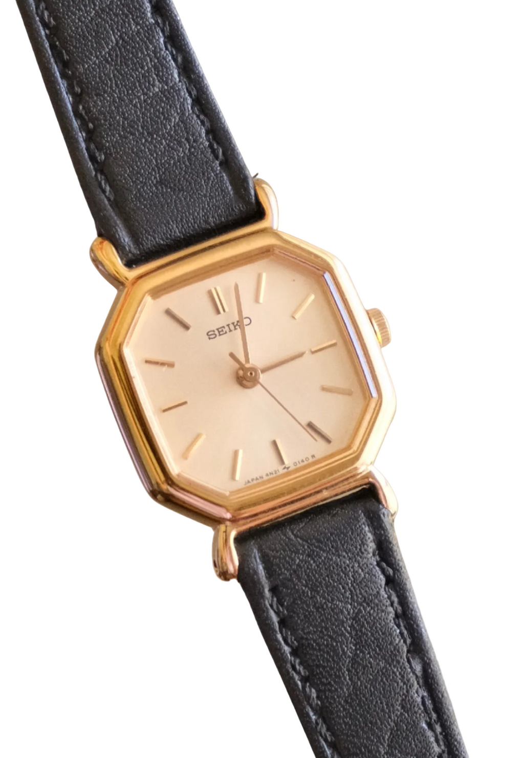 1990s Seiko Ladies Gold  Quartz Watch Black Leather Strap Watch Working