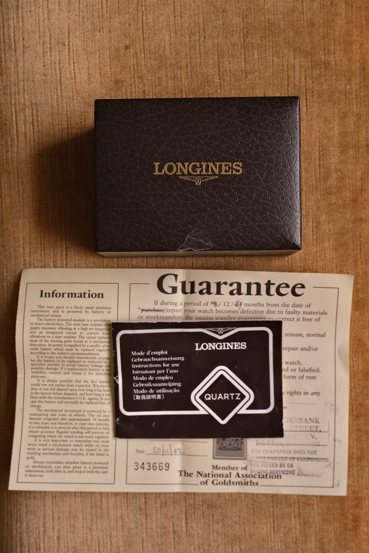Vintage Ladies Gold Plated Longines Watch, Roman Numeral Champange Dial Box & Papers