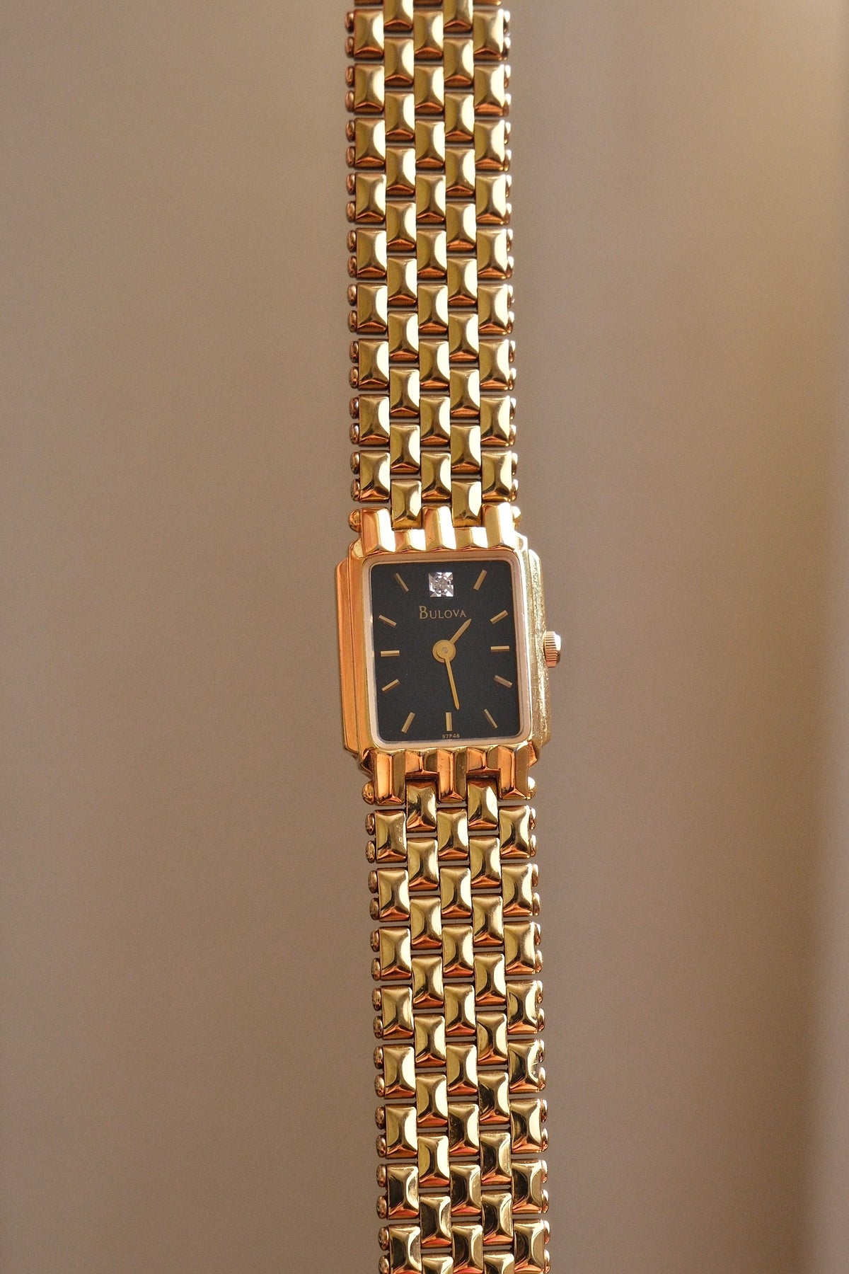 Vintage Ladies Gold Bulova Quartz Black Dial Tank Watch in Box Working