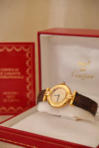 Vintage Ladies 1993 Cartier Must de Cartier Vermeil Watch Gold Plated Ladies Watch, Brown Leather Strap, Luxury Timepiece Box & Papers