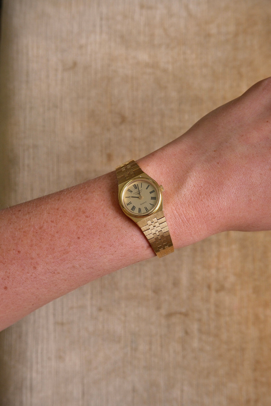 Vintage Ladies Gold Plated Longines Watch, Roman Numeral Champange Dial Box & Papers