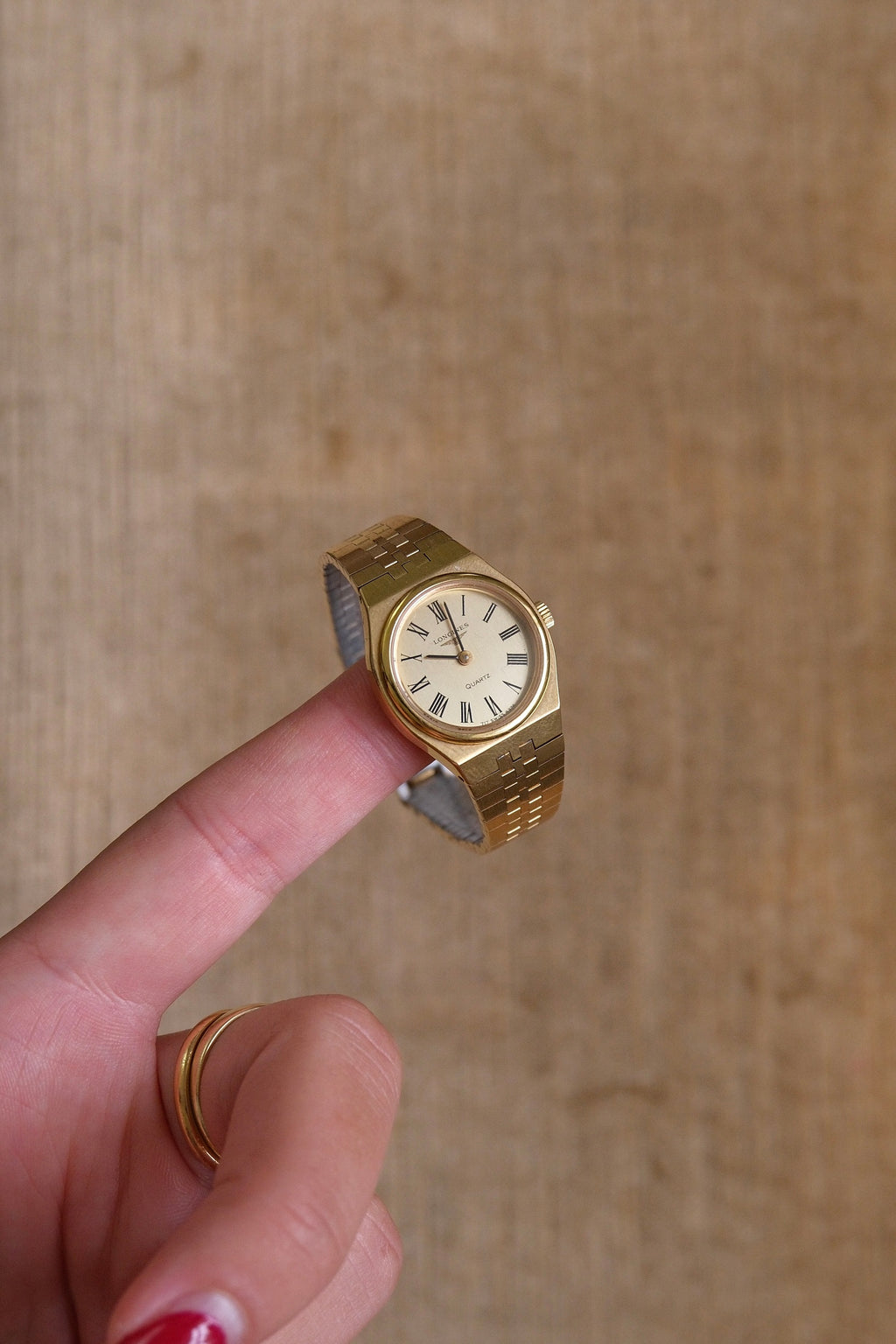 Vintage Ladies Gold Plated Longines Watch, Roman Numeral Champange Dial Box & Papers