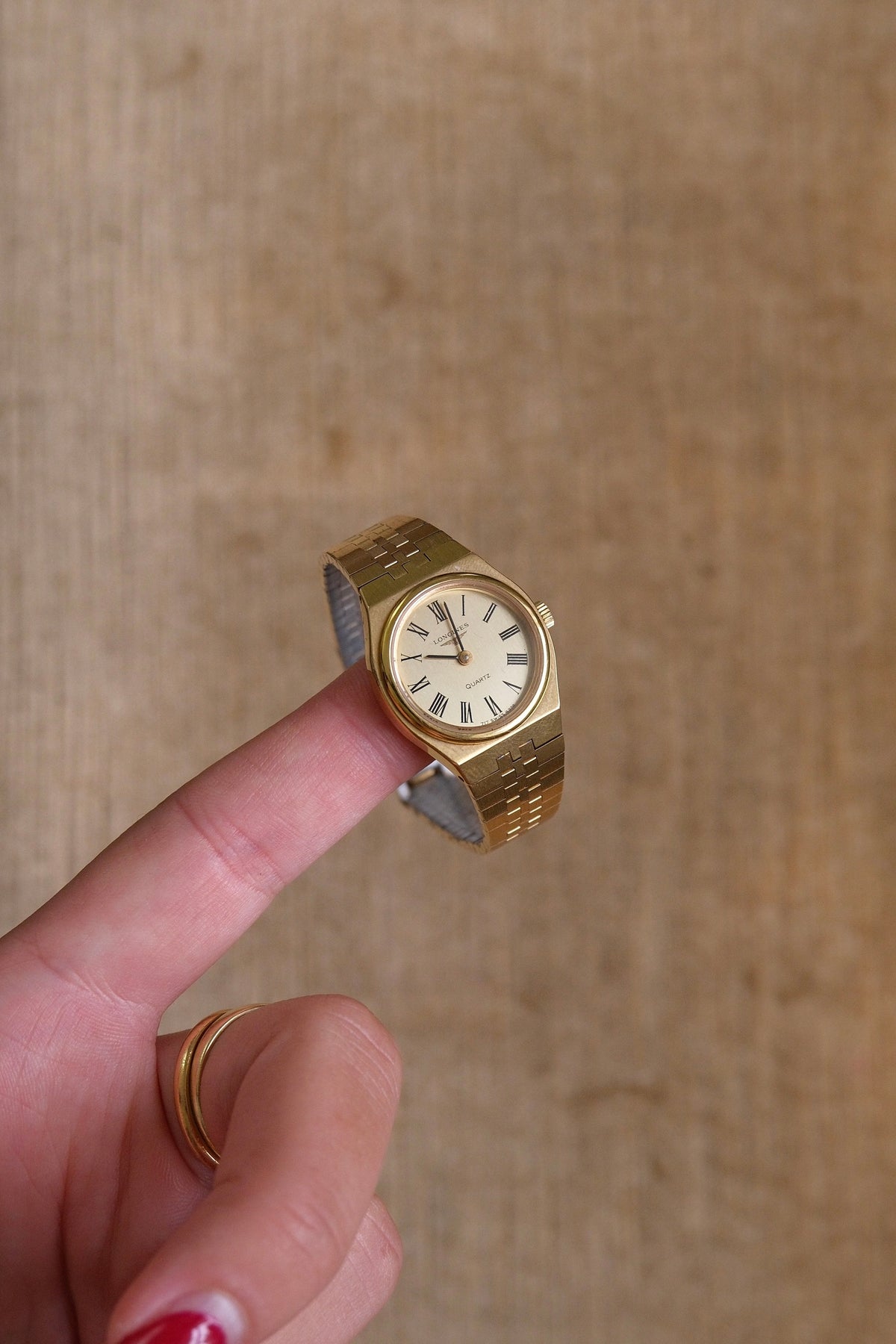Vintage Ladies Gold Plated Longines Watch, Roman Numeral Champange Dial Box & Papers