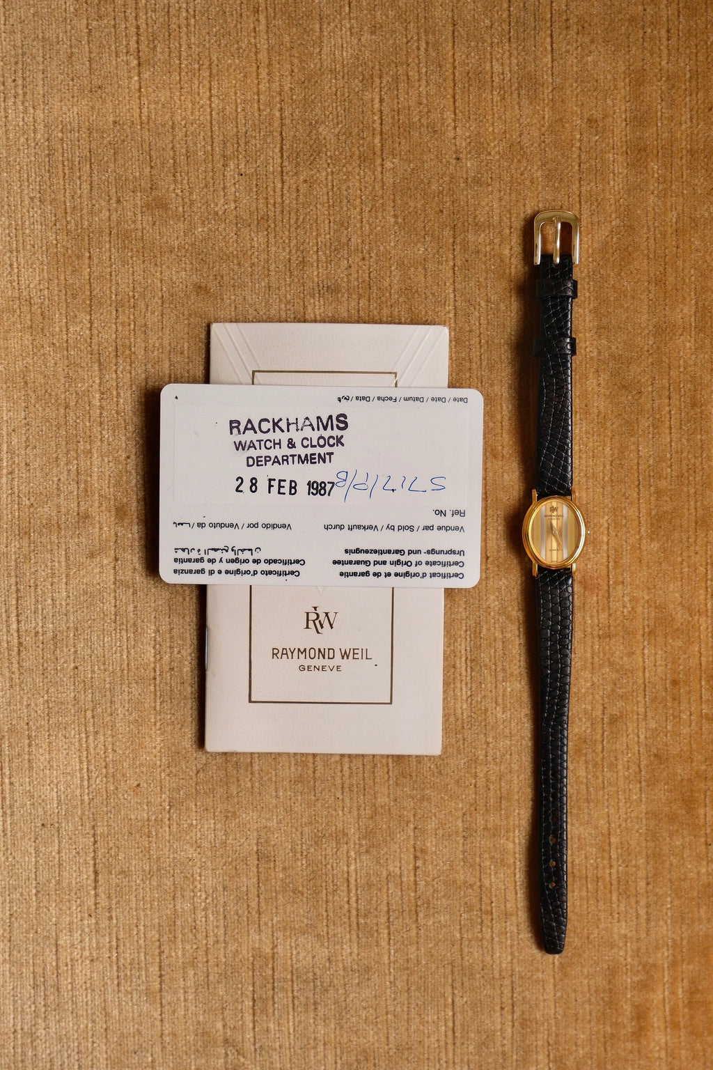 Rare Petite Vintage Ladies Raymond Weil Genève Tri Gold Watch 1987 Swiss Quartz Ladies Black Leather Strap with Papers