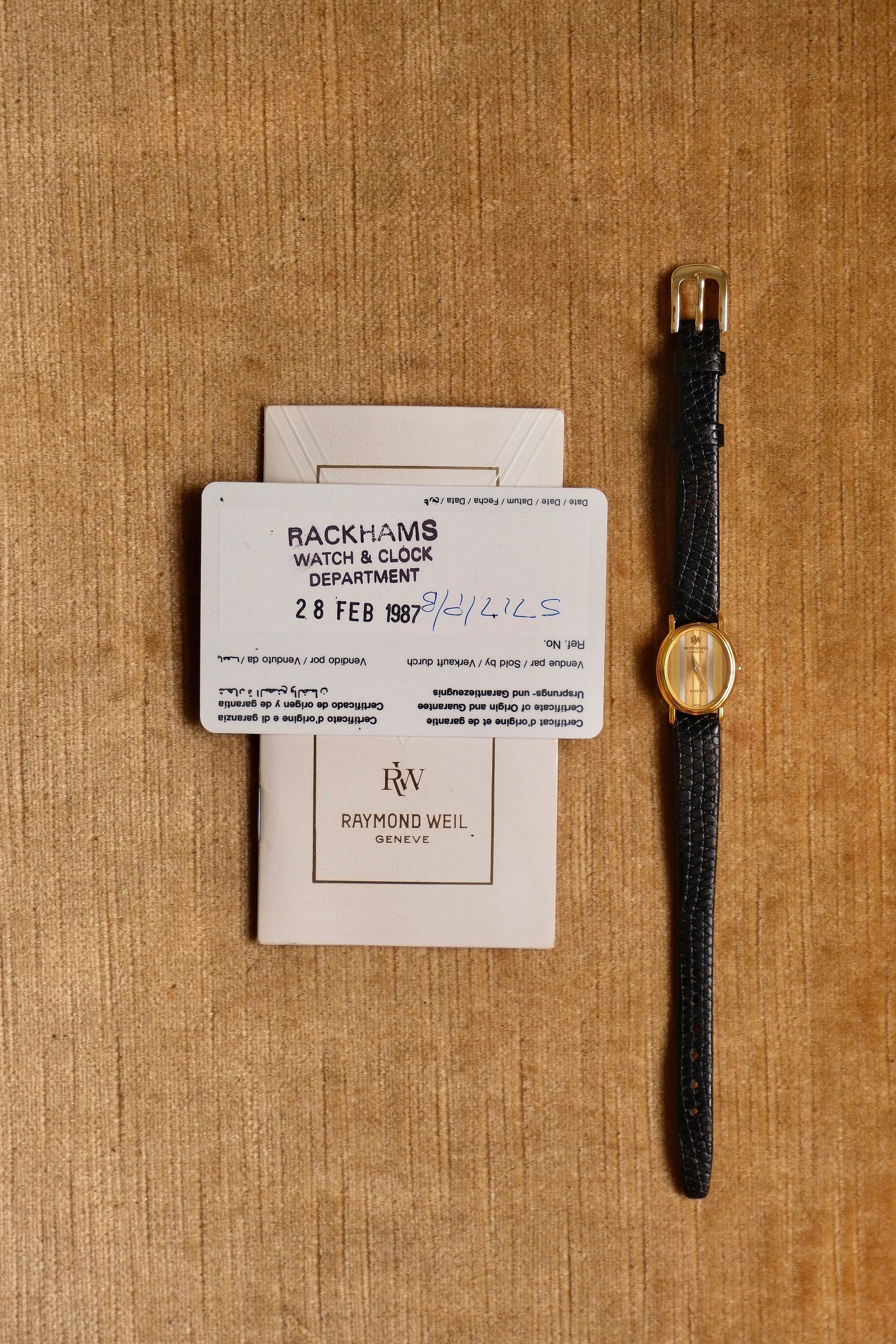 Rare Petite Vintage Ladies Raymond Weil Genève Tri Gold Watch 1987 Swiss Quartz Ladies Black Leather Strap with Papers