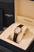Ladies Raymond Weil Vintage Genève 9955 18k Gold Plated Quartz Watch With Authentic  Blue Cabochon Sapphire Crown with Box and Papers