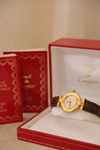 Vintage Ladies 1993 Cartier Must de Cartier Vermeil Watch Gold Plated Ladies Watch, Brown Leather Strap, Luxury Timepiece Box & Papers