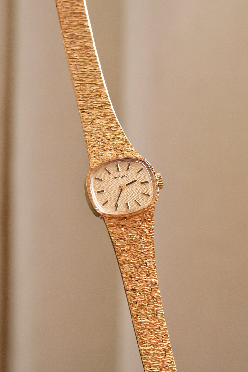 1970s Vintage Ladies Longines Gold Cocktail Watch, Textured Bark Bracelet Swiss Mechanical
