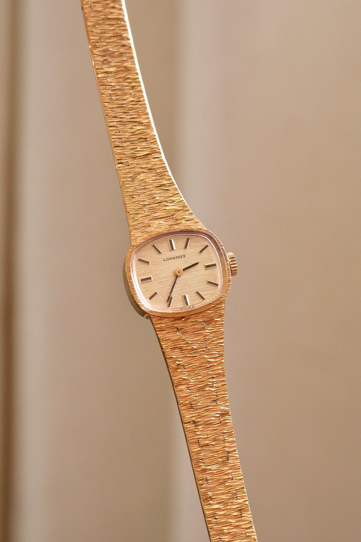 1970s Vintage Ladies Longines Gold Cocktail Watch, Textured Bark Bracelet Swiss Mechanical