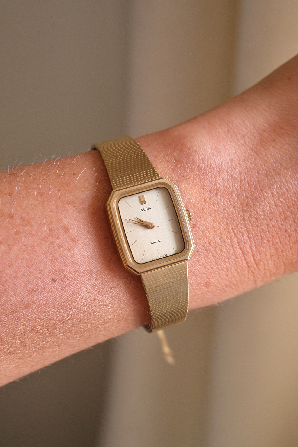 Vintage Alba Seiko Ladies Gold Watch Featuring an Octagonal case and a Textured link bracelet