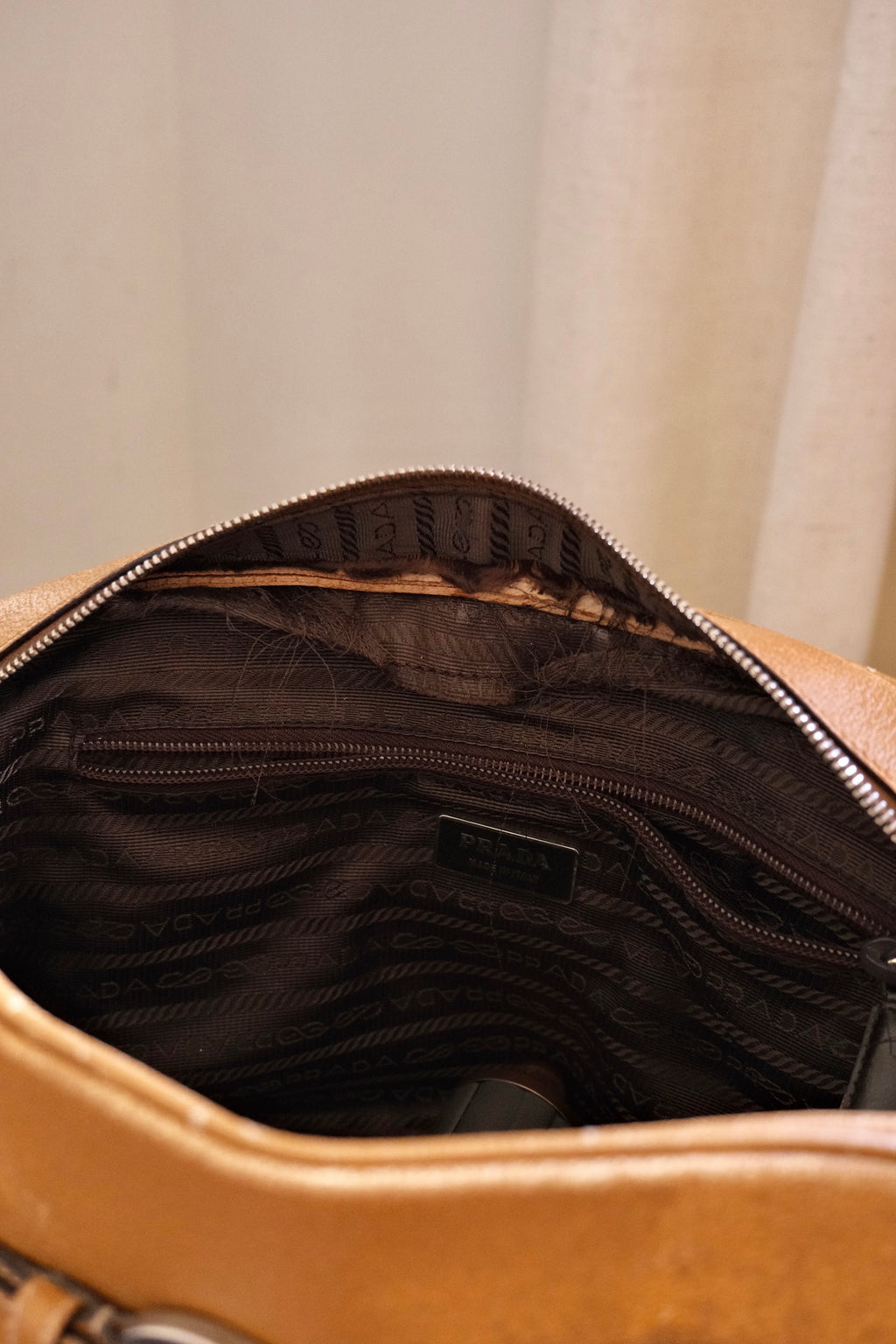 2000s Vintage Prada Camel Leather Bowling Shoulder Bag