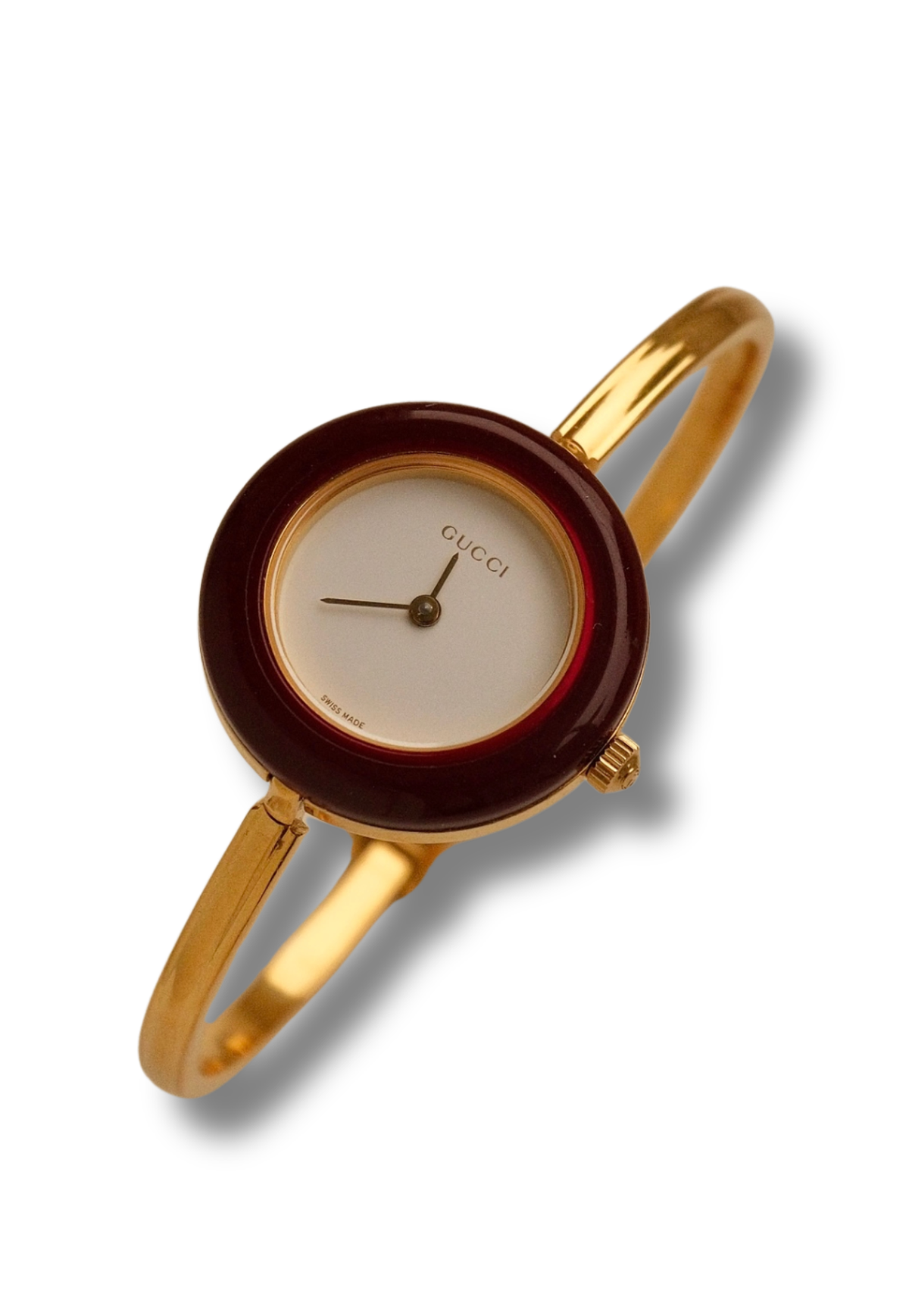 Vintage Gucci 1100L Gold Plated Ladies Interchangeable Watch with Burgendy Bezel White Dial