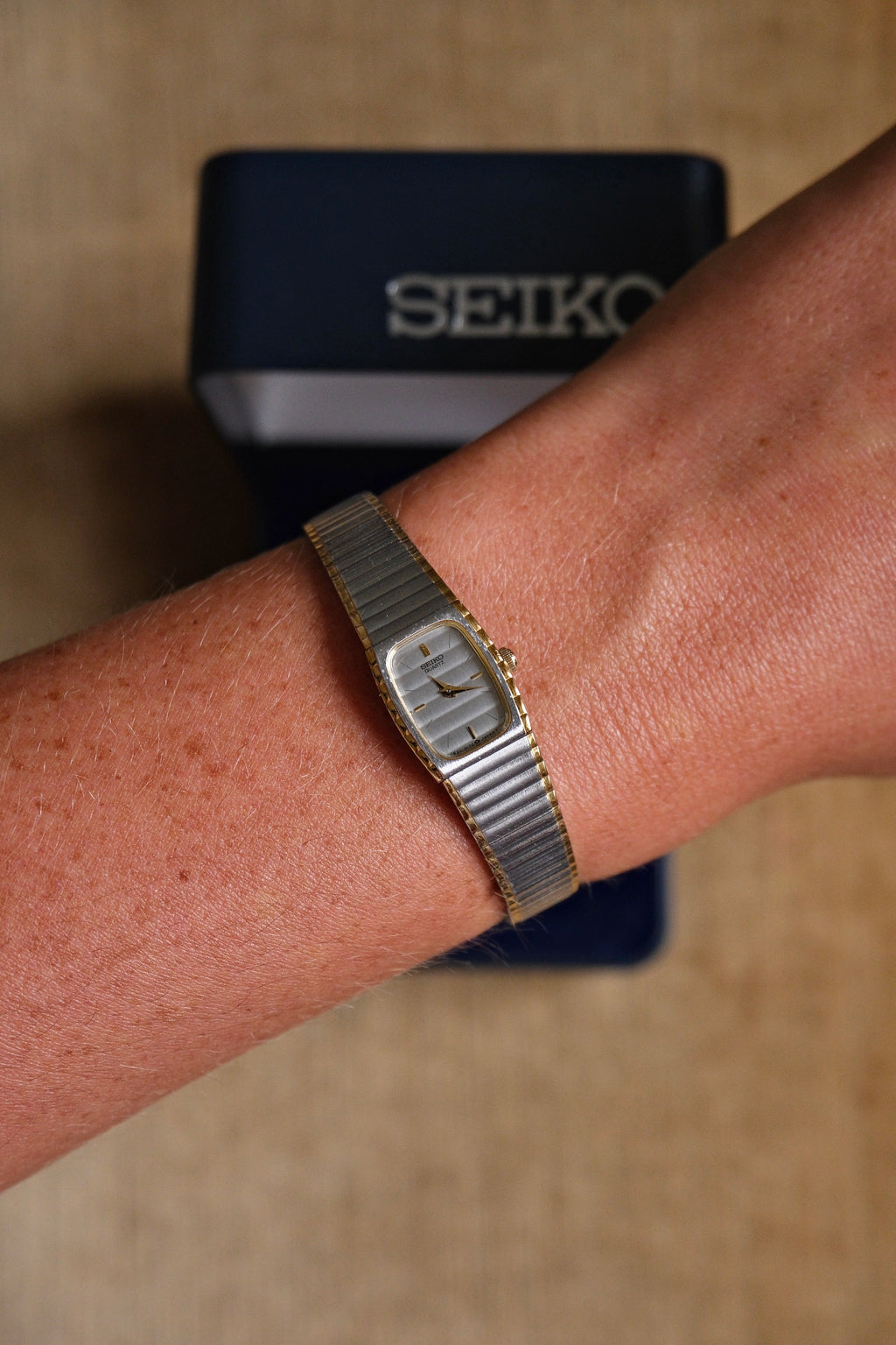 Vintage Ladies Two Tone Seiko Watch in Box with Safety Chain
