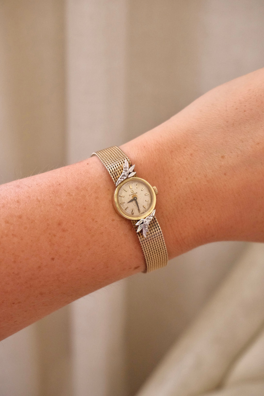 1950s Vintage Omega Ladies Cocktail Watch 10K Gold Filled Mesh Bracelet Diamond Leaf Lugs Champagne Dial Manual Wind Watch
