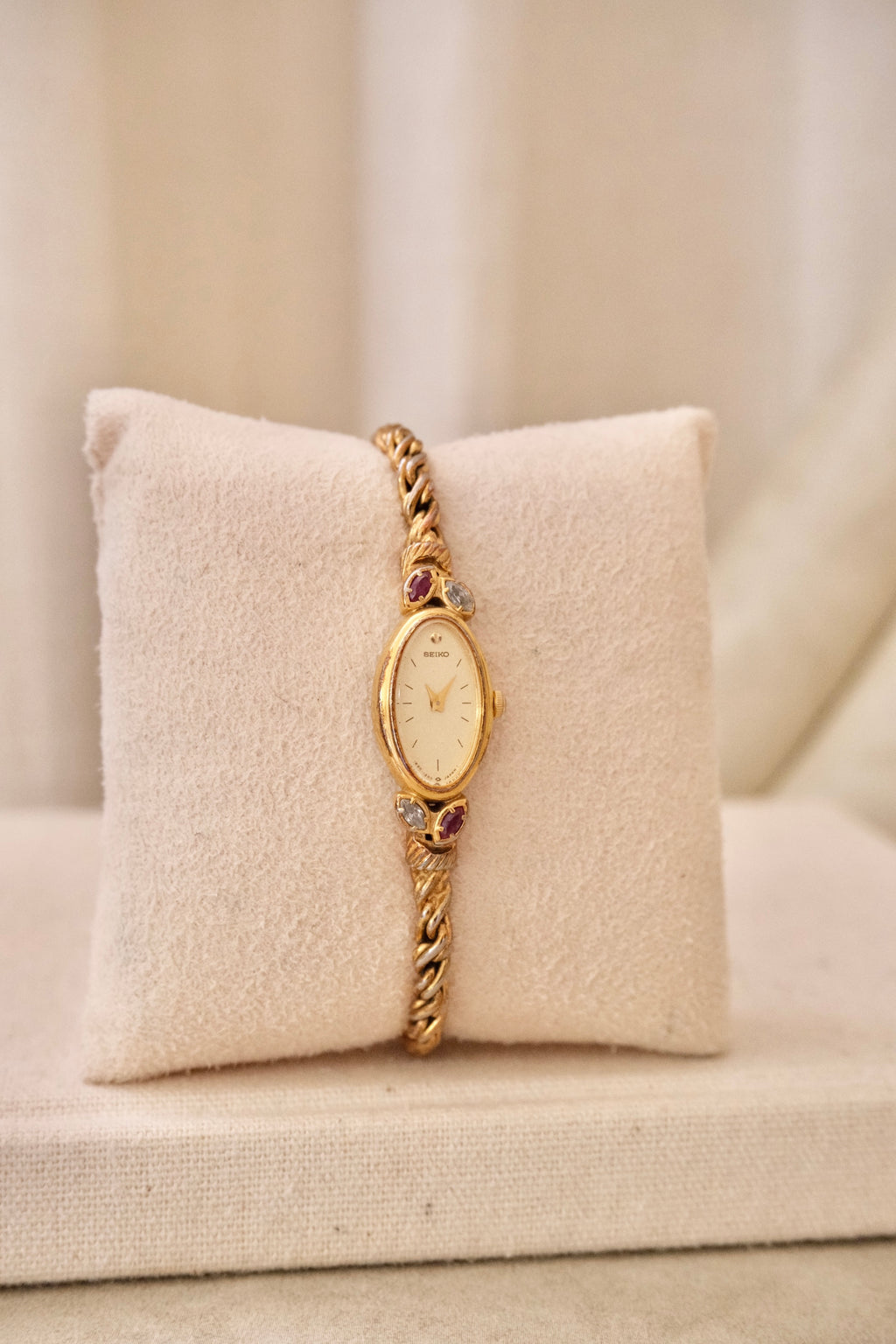 Rare Petite Oval Gold Ruby Seiko Watch with Safety Chain Collectors Watch