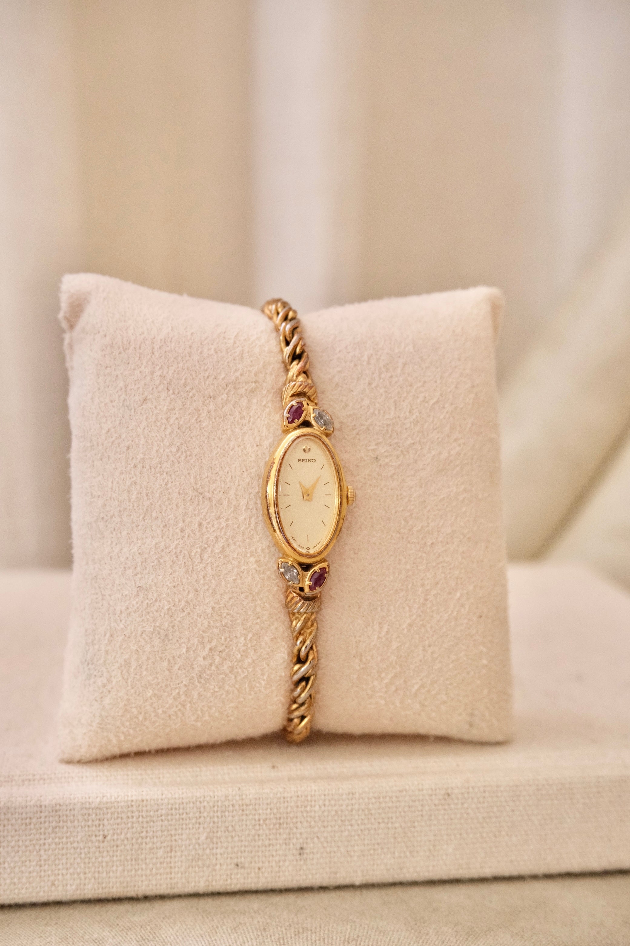 Rare Petite Oval Gold Ruby Seiko Watch with Safety Chain