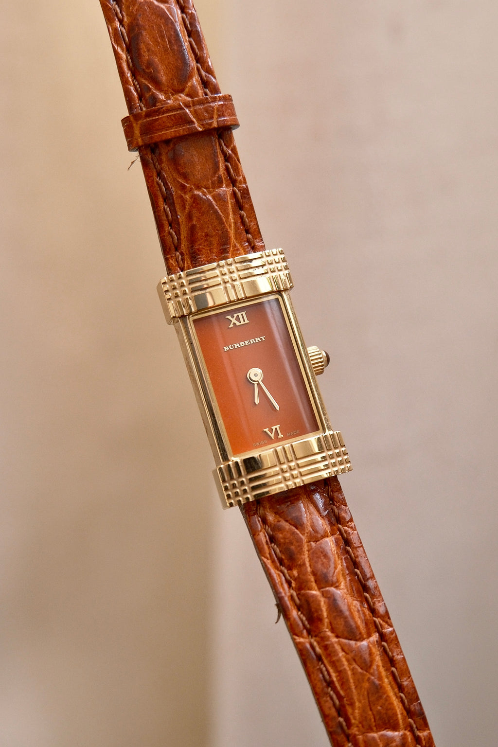 Rare Vintage 00s Orange Dial Burberry Tank Style Gold Watch on Orange Leather Strap Box & Papers