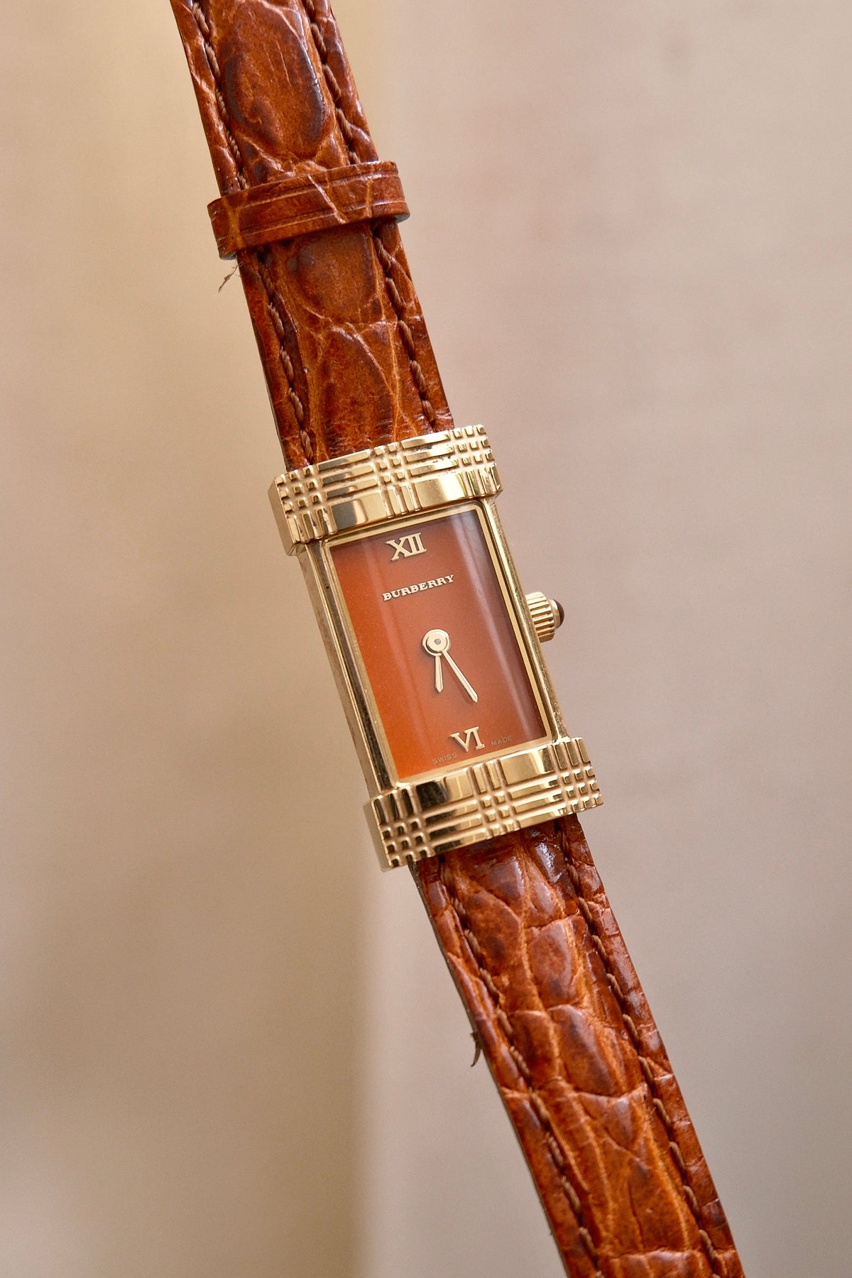 Rare Vintage 00s Orange Dial Burberry Tank Style Gold Watch on Orange Leather Strap Box & Papers