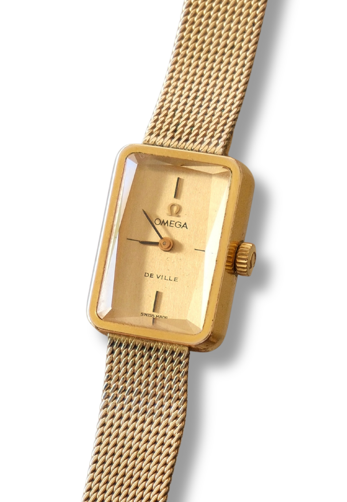 1970s Omega De Ville Manual Wind Gold Plated Tank Style Watch Mesh Strap, in Omega Box Working