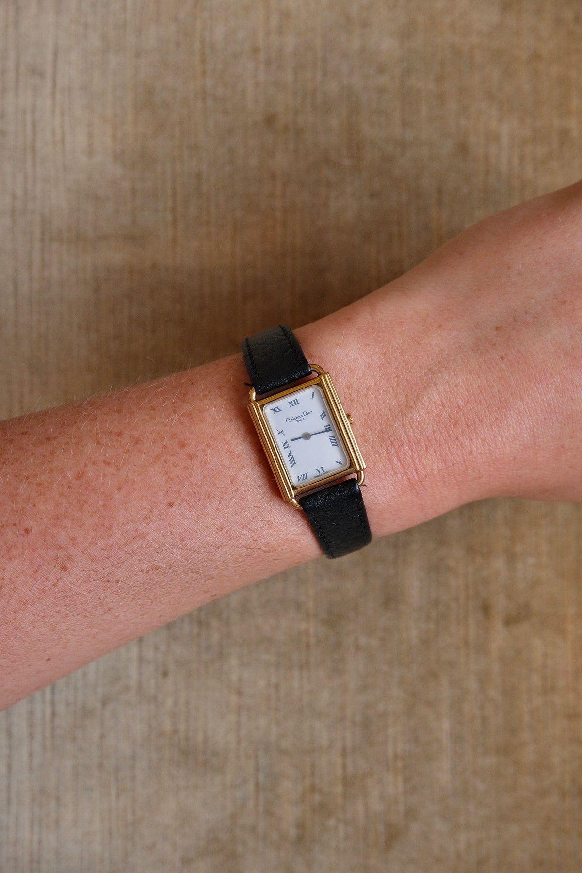 Rare ladies' Christian Dior 90s watch with tank-style rectangular dial, and black leather strap