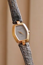 90s Christian Dior Paris Vintage Watch Hexagon Gold Plated Case Grey Dial Swiss Luxury Quartz Wristwatch with Black Leather Strap