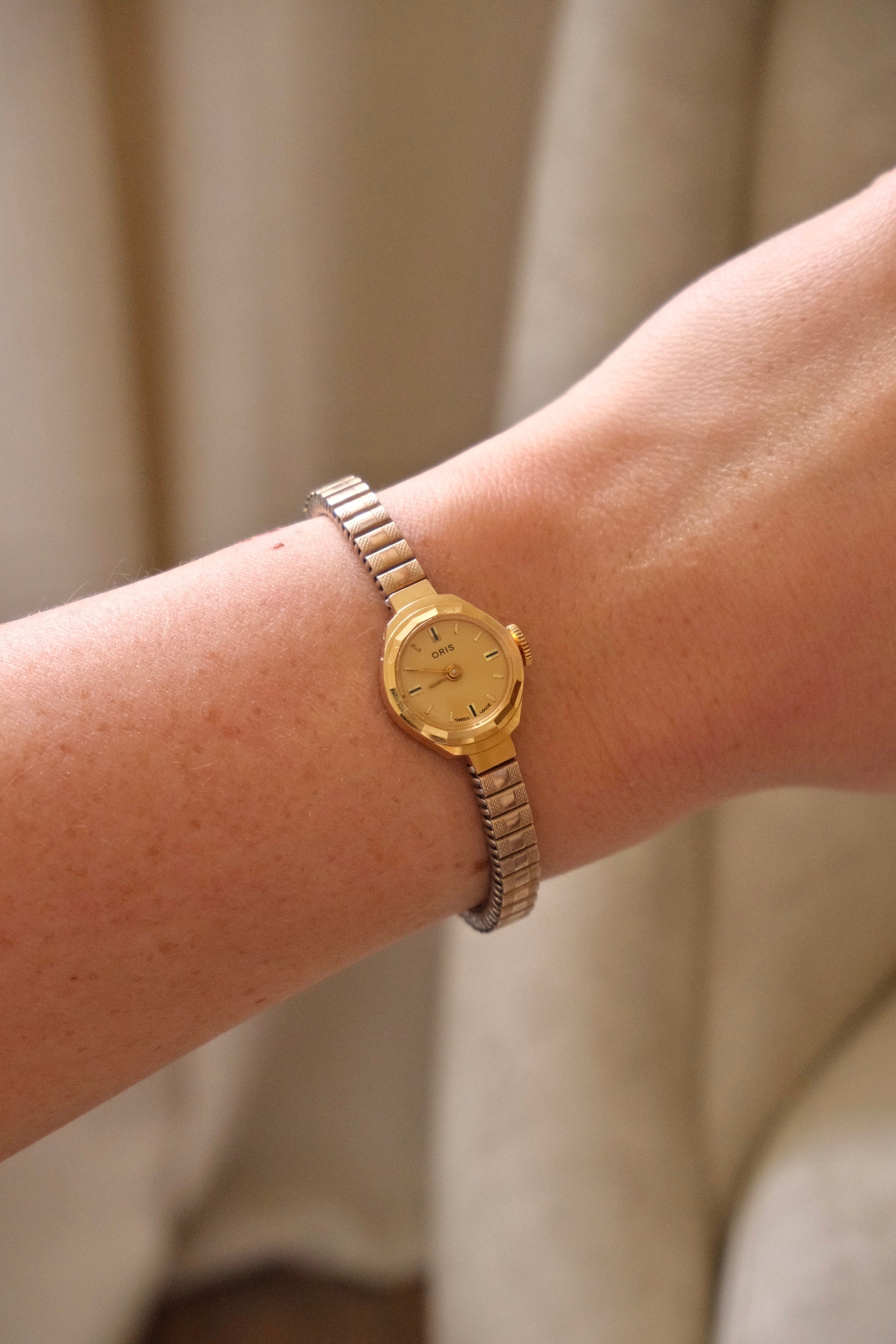 Vintage Ladies Oris Gold Plated Watch with a Stretch Band Manual Wind Working
