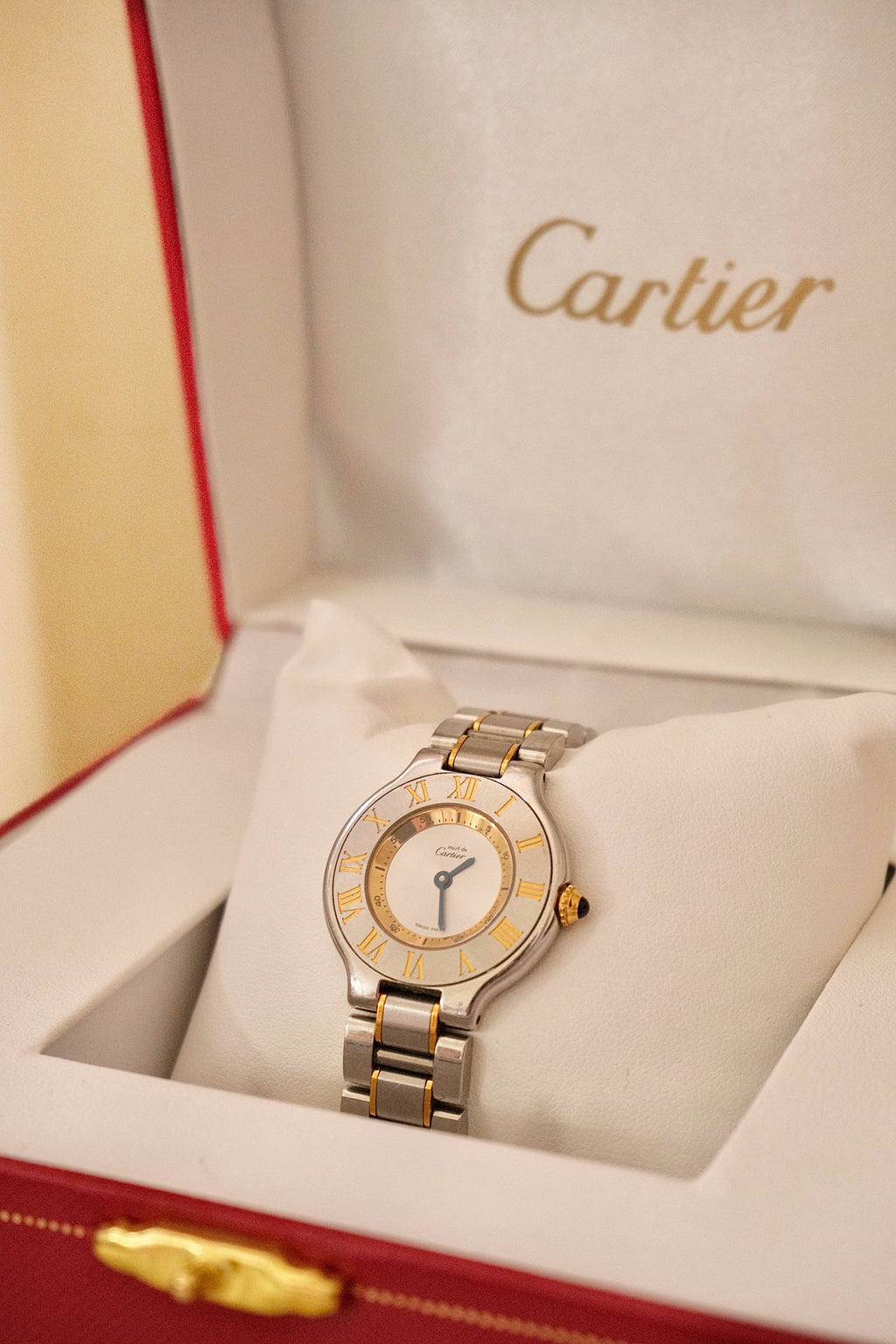 Vintage Cartier Must 21 Watch Women's Two Tone Steel Gold Roman Dial Swiss Made Circa
1990s in Box