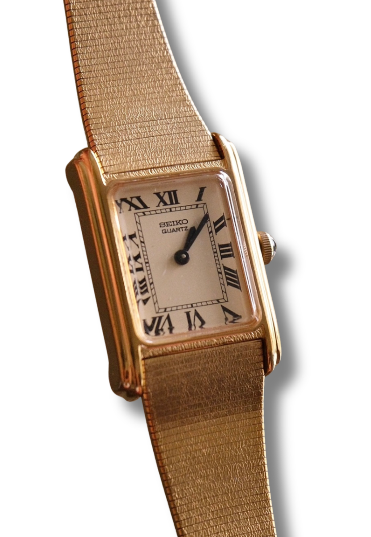 Rare 1980s Ladies Gold Plater Seiko Tank Watch with Roman Numeral Dial