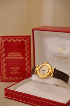 Vintage Ladies 1993 Cartier Must de Cartier Vermeil Watch Gold Plated Ladies Watch, Brown Leather Strap, Luxury Timepiece Box & Papers