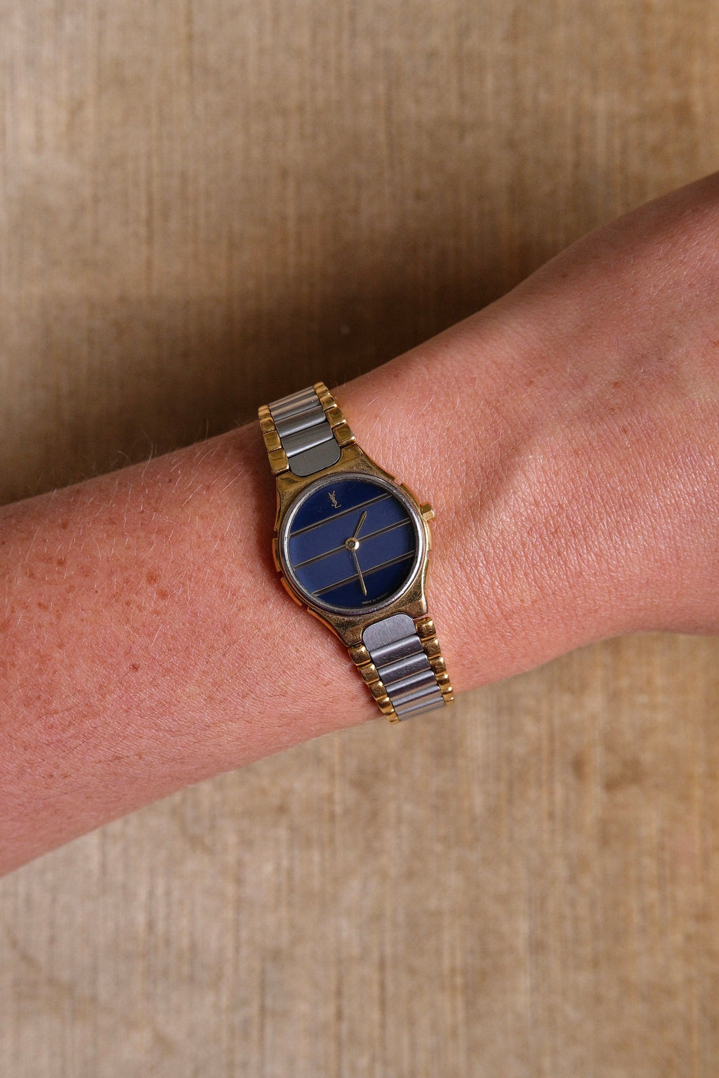 Vintage Ladies 1990s YSL Quartz Two Tone Watch - Blue Striped Dial