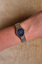 Vintage Ladies 1990s YSL Quartz Two Tone Watch - Blue Striped Dial