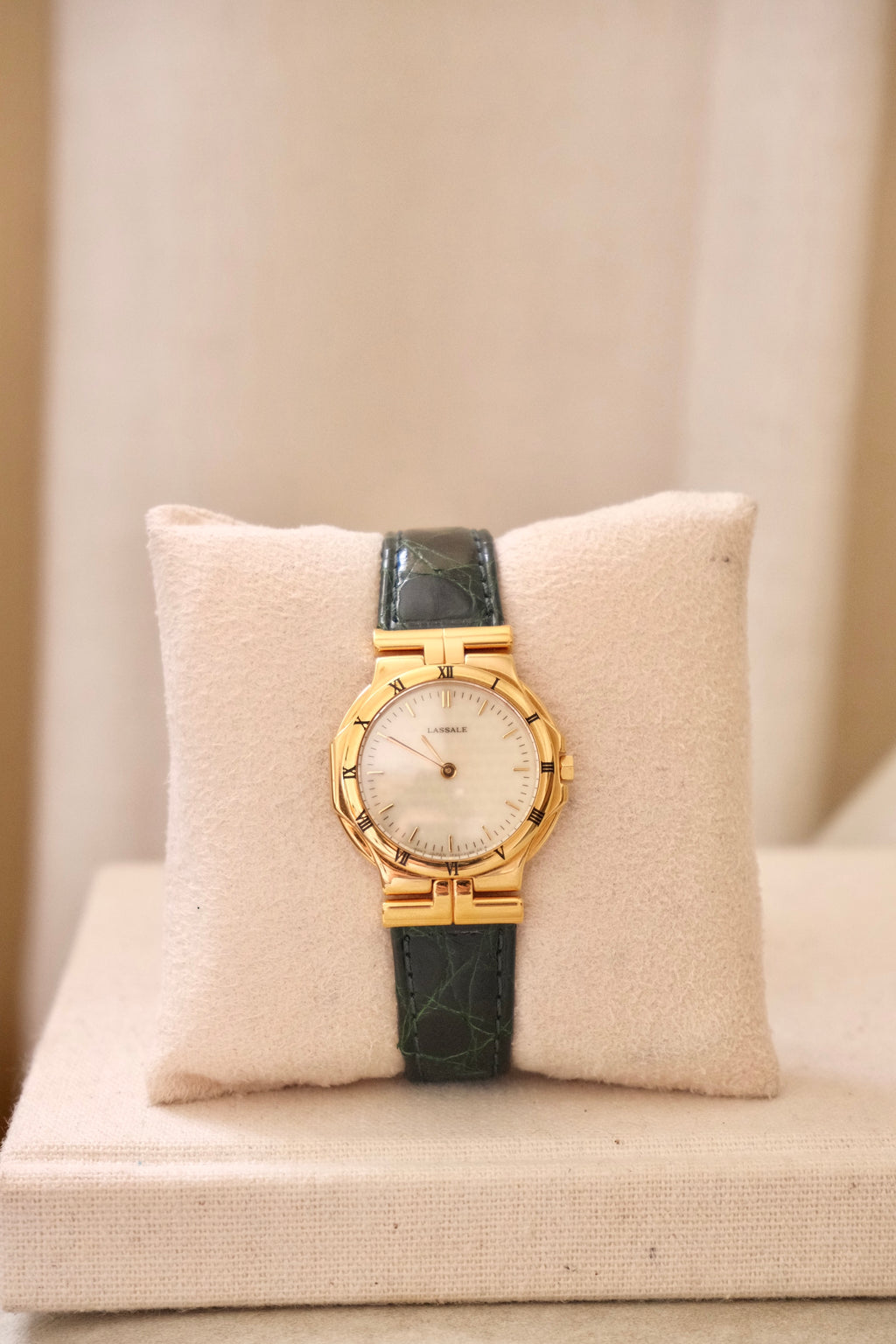 Vintage Seiko Lassale Ladies Watch, Gold Plated 1980s Ultra Thin Dress Watch Roman Numeral Bezel, Green Leather Strap